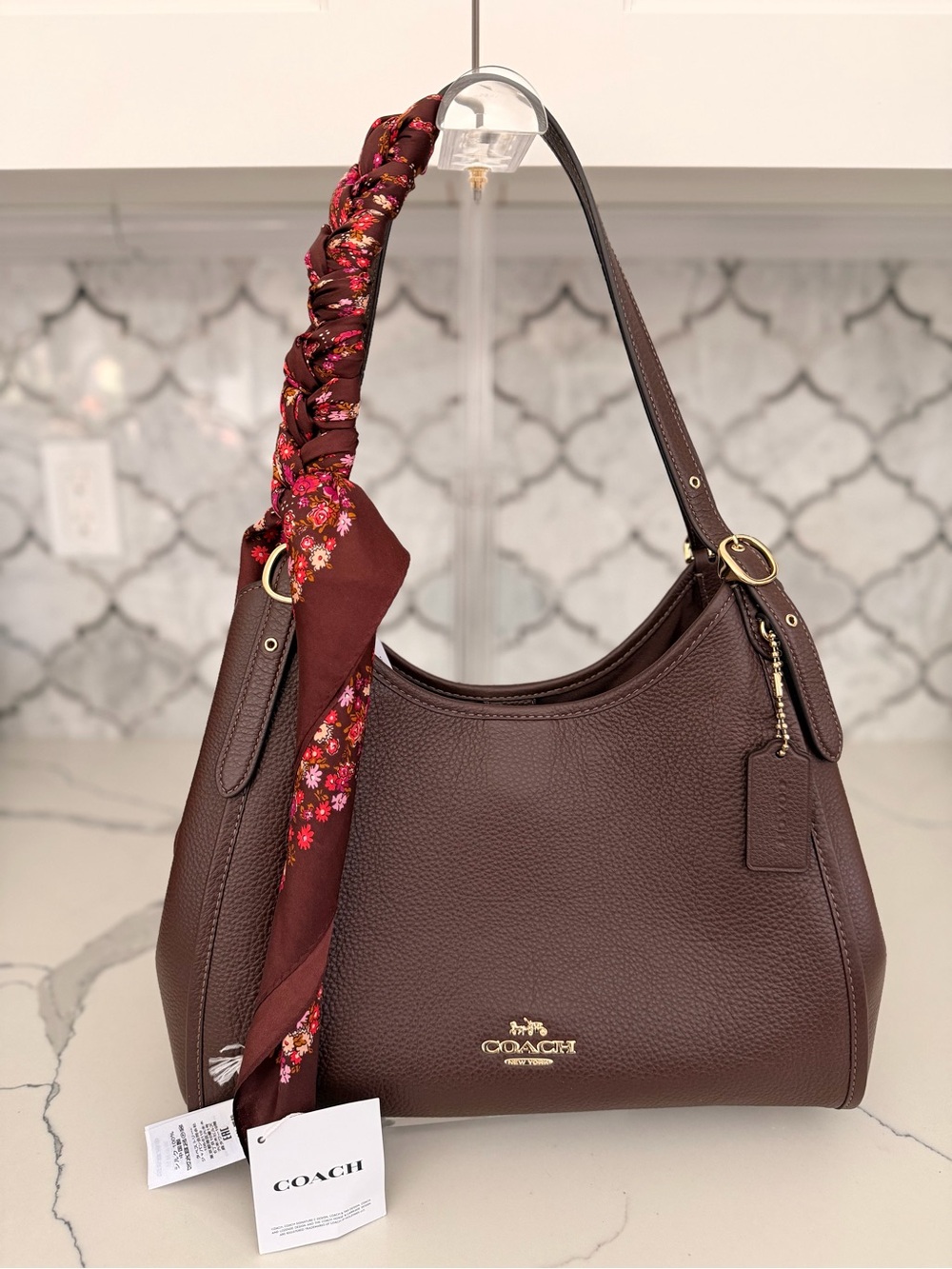 Coach Pebbled Leather Hobo in Deep Brown with Floral Scarf Accent